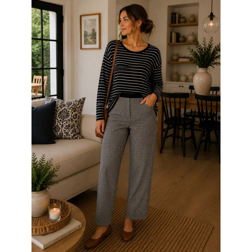 Talbots Soho Ankle Pants Womens 10 Black Houndstooth Pull On Stretch Tapered
